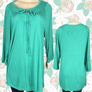 Merona Vintage XXL Green Tie Keyhole Textured Neckline Rayon 3/4 Sleeve Top